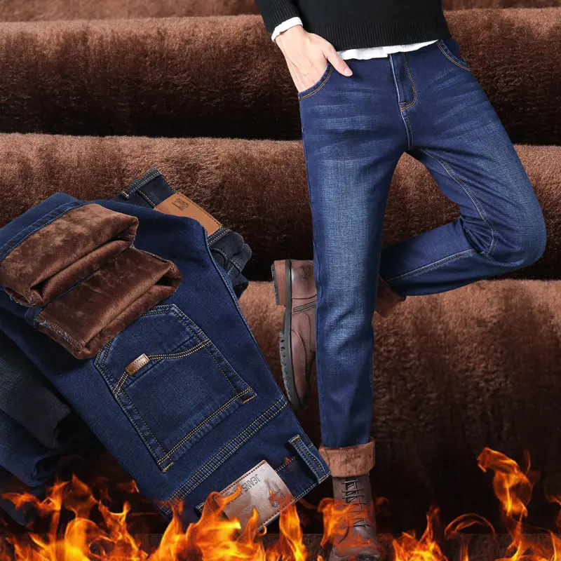 Private Label Custom Winter Fleece Warm Straight Quality Casual Thicken Plus Size Stretchy Pants Blue Cotton Men Jeans