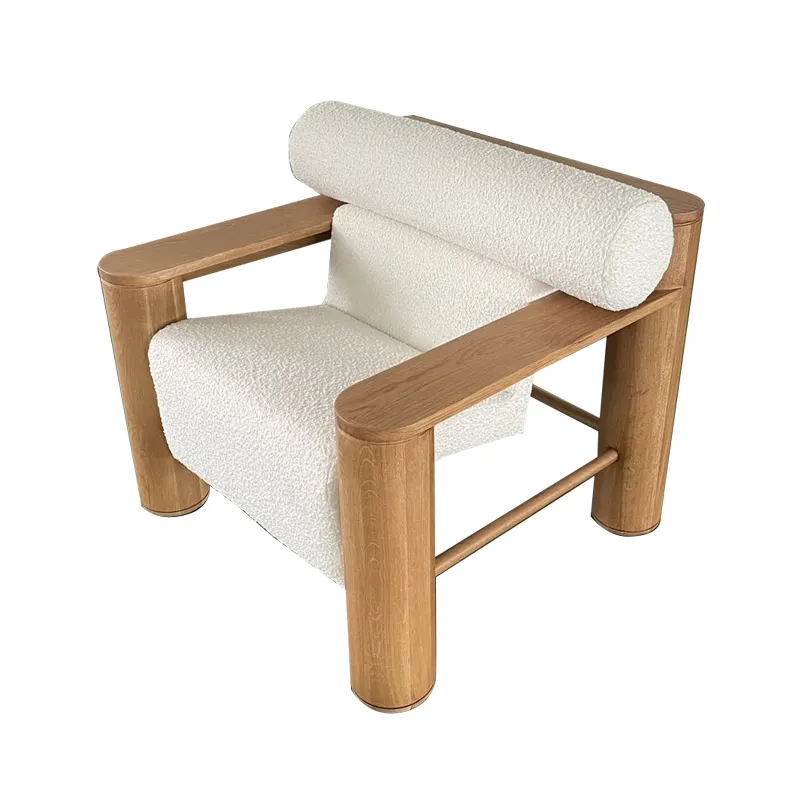 Neues Design White Boucle Massiver Eichen rahmen Akzent Stuhl Kaffee Holz Maßge schneider tes modernes Sofa Freizeit Sessel