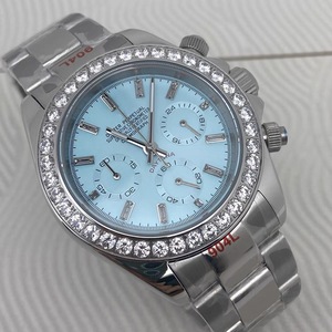 Nouvelle montre chronographe à quartz pour homme de 39 mm, boîtier en acier massif, cadran bleu glacé avec index en strass, alimentée par un mouvement VK63 - Product Image 6