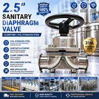 Vanne à diaphragme sanitaire en acier inoxydable de 2,5 pouces, à commande manuelle, à raccordement par collier, pour le contrôle hygiénique du débit dans l'industrie alimentaire, des boissons et la biotechnologie