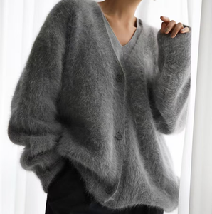 Cárdigan de punto suelto para mujer con <span class=keywords><strong>cuello</strong></span> en V, de poliamida, con botones, amarillo, con <span class=keywords><strong>pelo</strong></span> sintético de conejo. - Product Image 2