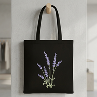 Sac fourre-tout en toile noire avec broderie lavande, fermeture éclair, style minimaliste, sac de voyage pour femme, utilisation toutes saisons