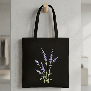 Sac fourre-tout en toile noire avec broderie lavande, fermeture éclair, style minimaliste, sac de voyage pour femme, utilisation toutes saisons - Product Image 6
