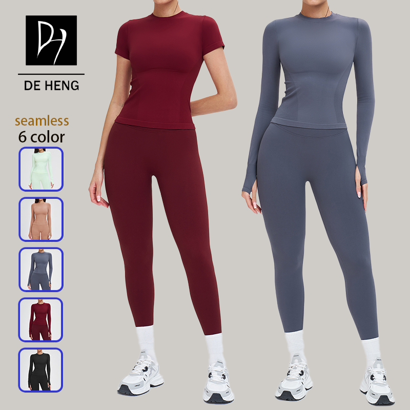 Trim Fit Custom Sports Yoga Fitness Seamless Round Neck Thumb Buckle High Quality Gym Workout Top Shorts Set Leggings for Women
