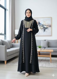 Robe Abaya noire brodée pour femmes, manches longues, longueur au sol, vêtements islamiques modestes, tenue quotidienne, style Moyen-Orient, polyester - Product Image 2