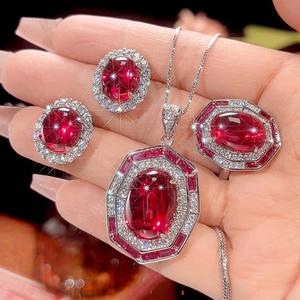 Wholesale 13*18-10*14mm Red Zircon Vintage Fashion Wedding Necklace <b>Earrings</b> Ring <b>Set</b> Eco-friendly Copper Bridal Jewelry <b>Set</b> - Product Image 3