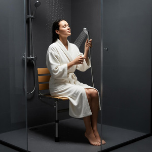 <b>Folding</b> <b>Shower</b> <b>Stool</b> Wooden Stainless Steel Wall Mounted Adjustable Bathroom Safety Equipment 33x40x54cm - Product Image 3