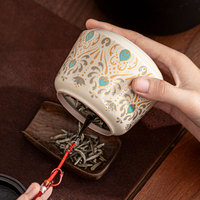 Boîte à thé en céramique de style bohème avec motif floral orné, petit pot de rangement hermétique