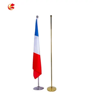 Adjustable Indoor Office Floor Free Standing On The Floor Base Office Gold Silver Color Stainless Steel Flag Stand Pole Set