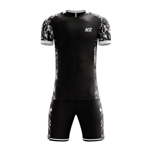 Maillot de football personnalisé sublimé 100% polyester noir et blanc à motif, col en V unisexe, manches courtes, évacuation de l'humidité, taille élastique - Product Image 1