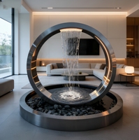Sculpture de fontaine circulaire abstraite en acier inoxydable, moderne, de luxe, soudée sur mesure, pour extérieur commercial