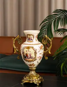 도매 황금 디자인 큰 키 큰 황동 도자기 식탁 꽃꽂이 uzbek 세라믹 꽃병 골동품 장식