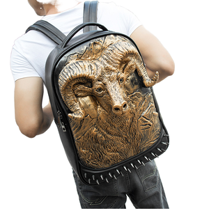 Sac à dos pour homme en cuir PU imperméable avec tête de vache 3D stéréoscopique, fermeture éclair, rivets, bandoulière arquée, capacité 20-35L, noir - Product Image 1