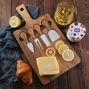 Acacia Wood Cheese Board <b>Set</b> 4 Piece Stainless Steel Knife <b>Set</b> Home Use Portable Durable Cutting Board - Product Image 1