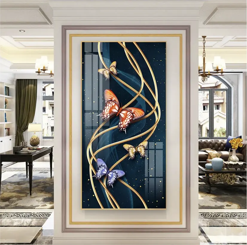 Hotel Veranda Dekoration Rahmen Kristall Porzellan Malerei Benutzer definierte Wand Glas Luxus Abstrakte Bild Kunst Dekor Malerei Golden