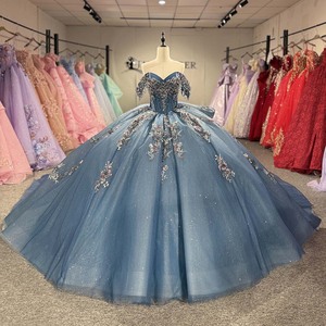 Robe de bal de Quinceañera Jancember en dentelle florale bleu ardoise avec appliques, décolleté cœur, épaules dénudées, ornée de perles et de cristaux, jupe en tulle pleine longueur - Product Image 4
