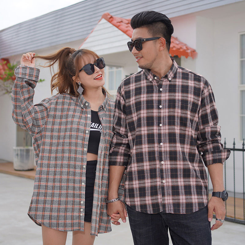 Blus Kain Pasangan Unisex, Baju Kasual Kancing Atas Lengan Panjang Ukuran Besar Pas Modern Campuran Katun Musim Dingin