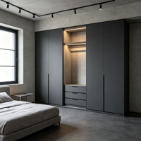 Armoire de chambre sur mesure avec porte coulissante, cadre foncé bicolore crème, éclairage LED, tringle de suspension, tiroirs et étagères, style moderne, OEM