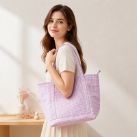 Sac à main matelassé en gingham doux avec poche avant, sac fourre-tout léger en tissu écossais Vichy pour le shopping