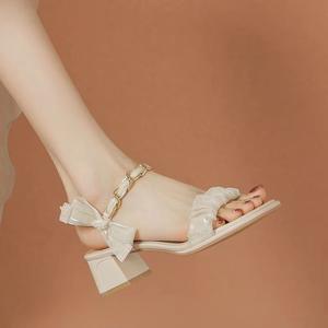 Zapatos de Novia con Tacón Grueso y Lazo para Mujer, Sandalias de Vestir con Correa en el Tobillo y Punta Abierta, Zapatos de Fiesta de Verano, Sencillos y Versátiles - Product Image 1