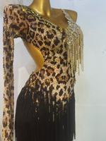 Robe de danse latine à imprimé léopard avec franges, une manche longue, strass et pompons, costume de performance, robe de danse de salon