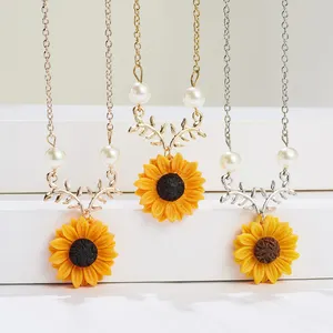 Yiwu, colgante de hoja de la suerte, collar de flor de sol, perla Artificial chapada en oro y plata, collar de girasol