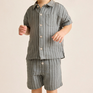 Conjunto de Camisa Listrada de Verão e Shorts em Algodão Orgânico para Meninos, Camisas com Botão e Shorts, Roupas Personalizadas para Crianças - Product Image 3