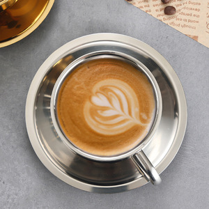 Stainless Steel Coffee <b>Cup</b> <b>Set</b> Gold Plated 304 Double Layer With Saucer And Spoon For Home Office Use - Product Image 4