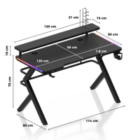 Bureau de jeu en fibre de carbone de 120 cm avec éclairage RGB, support d'écran, hub USB, support pour casque et porte-gobelet, table de jeu pour ordinateur, bureau à domicile, salle de jeux
