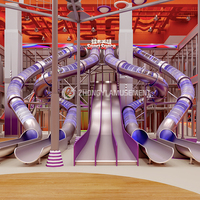 Équipement de terrain de jeux intérieur commercial, jeux de glisse urbains avec trampoline, mur d'escalade, parcours de cordes, tyrolienne