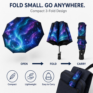 Parapluie promotionnel en pongé à impression intégrale, personnalisable avec logo, compact, portable, pliable en trois, résistant à la pluie et au vent - Product Image 5