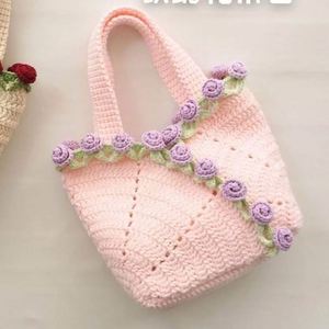 Sacs à fleurs en crochet faits à la main, tapis en coton tricotés à la main en forme de rose, transformés en accessoires de mode - Product Image 3