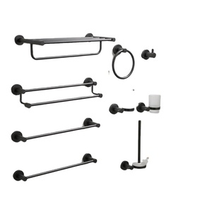 Ensemble de porte-serviettes mural noir avec barre à anneaux, distributeur de savon et porte-brosse WC, accessoires de salle de bain - Product Image 1