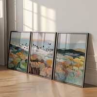 HAOWAI OEMODM 3pcs Set Seni Dinding, Set 3 Poster Seni Dinding Lanskap Botani  Burung Berterbangan Seni Dinding Cetak Triptych Alam