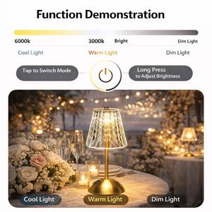Kabellose Moderne Tischlampe Wiederaufladbare Touch-LED Kristallschirm Verstellbare Luxus Mittelgroße Hochzeitslampen für Wohnzimmer - Product Image 5