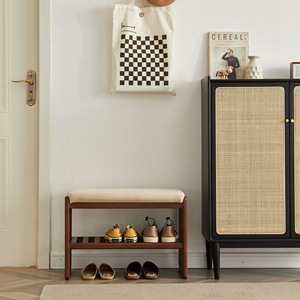 Solid Wood Shoe <b>Bench</b> Walnut Color With <b>Cushion</b> <b>Storage</b> Rack Organizer - Product Image 5