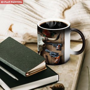 Mug en céramique noir givré de 11 oz, tasse magique changeante de couleur avec motif de crâne occidental et pistolet, peinture 2D plate - Product Image 3
