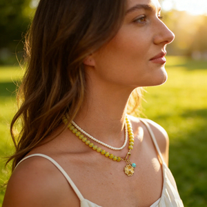 Yellow Jade Beaded Necklace Gold Pendant <b>Letter</b> Shape Vintage Boho Style Gold Plated Women's Retro Necklace Jewelry Casual Wear - Product Image 3