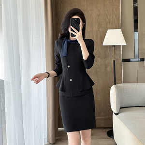 Apricot Ruffled Women's Suit Set Full Sleeve Polyester Elegant Autumn Anti-Wrinkle Beauty Salon Uniform - Product Image 3