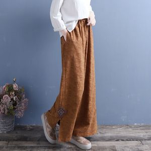 Artistic Retro Cotton Linen Wide Leg Trousers With Embroidery Split Design Casual Pants For Women - Product Image 3