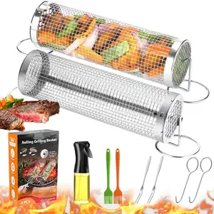 Keranjang panggangan BBQ Stainless Steel silinder, bulat portabel luar ruangan untuk pesta piknik