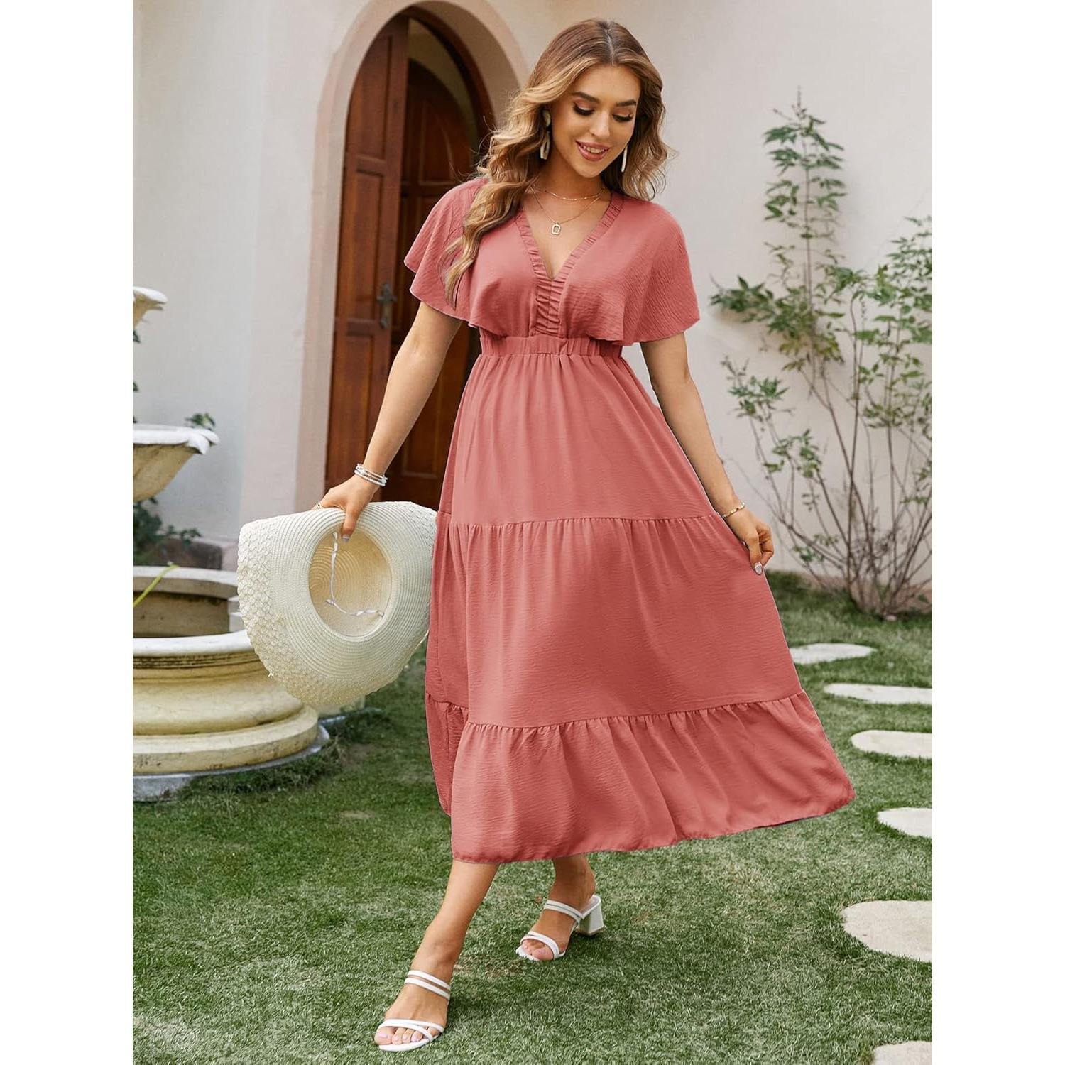 Women's Casual Short Sleeve V Neck Floral Maxi Dresses Boho Beach  Photoshoot Flowy Ruffle Wedding Guest Premium Long Dress
