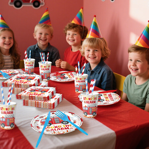 Vaisselle de fête d'anniversaire thème <span class=keywords><strong>camion</strong></span> de <span class=keywords><strong>pompier</strong></span> aquarelle moderne vente chaude cadeau de fin d'année décoration fournitures drapeau assiette en papier - Product Image 2