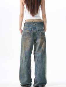 Vintage <strong>Yellow</strong> Mud Dyed Ripped <strong>Jeans</strong> for <strong>Women</strong> Loose Straight-Leg Two-Piece Pants American Decadent Streetwear Casual Denim Hole - Product Image 3