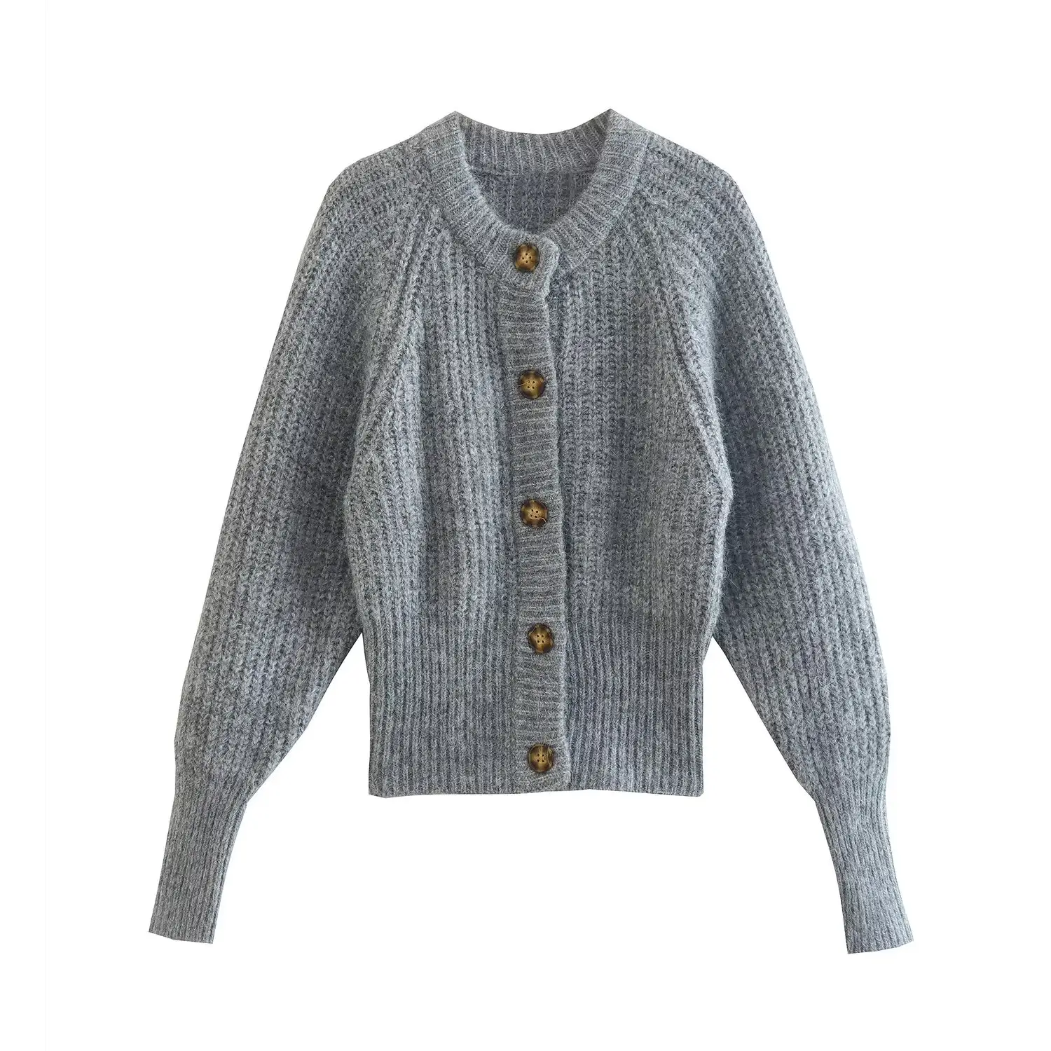 PB&ZA2022 Wholesale Women's New Rib Long Sleeve Sweater Single Breasted Knit Jacket Crew Neck Grey Cardigan 9598151