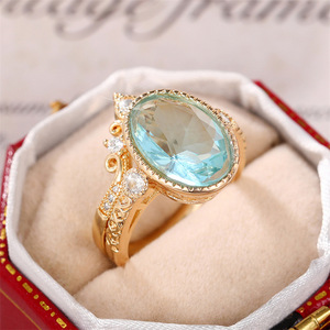 Set di anelli con corona ovale in zircone blu per donna, gioielli eleganti e di lusso - Product Image 6