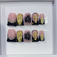 Kuku Palsu Custom Press-on Model Duck Bill Buatan Tangan Warna Nude Hitam French Tip 3D Bunga Salib 10 Pcs Full Cover Ujung Kuku Lengkung