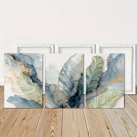 HAOWAI OEMODM 3 pièces, Art botanique abstrait, Triptyque de feuilles abstraites, Peinture à l'huile, Art mural en feuille d'or, Décoration moderne verte et bleue