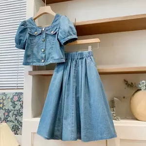 New <span class=keywords><strong>fashion</strong></span> teen Girls Clothing set solid short puff sleeve denim top + jeans skirt set <span class=keywords><strong>abbigliamento</strong></span> per bambini - Product Image 6