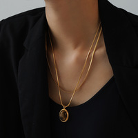 N0678 kalung liontin mata macan perhiasan baja tahan karat Fashion berlapis emas 18k kalung rantai ular wanita